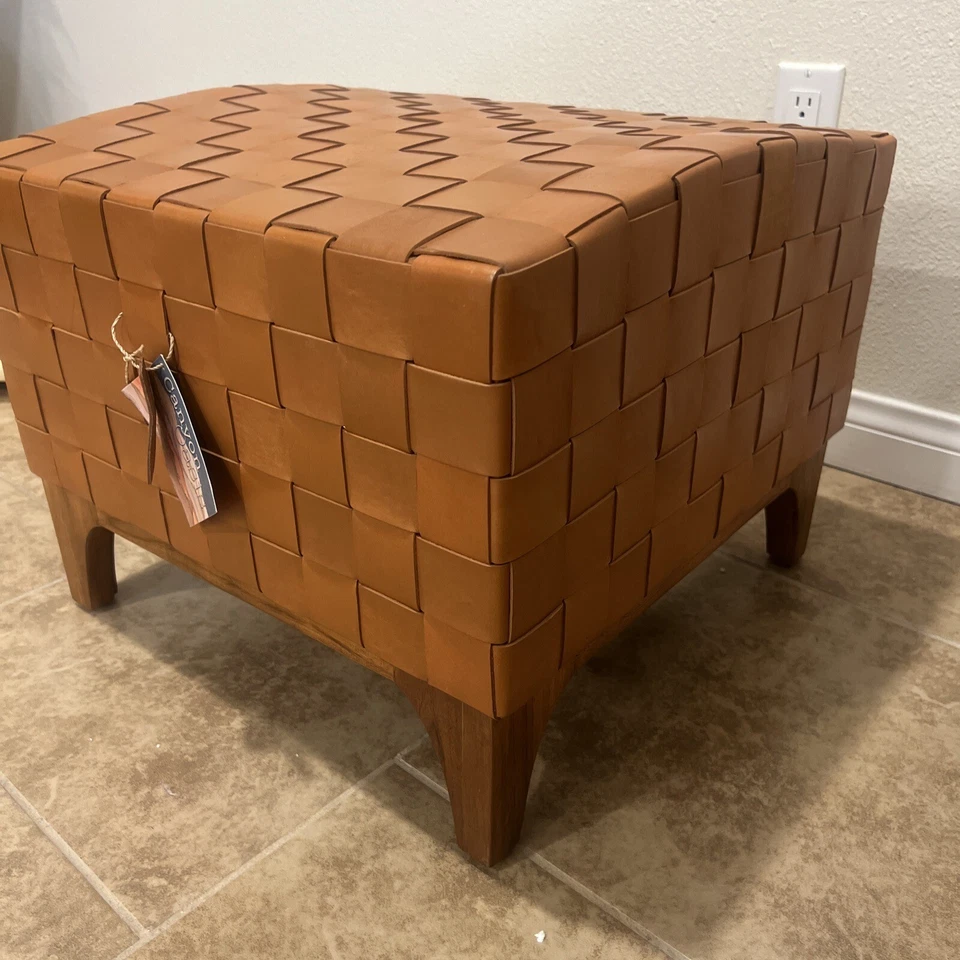 Canyon Oasis World Traveler Genuine Leather & Teak Wood Stool Chair Foot Rest - Image 2 of 4