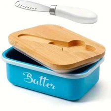 Sea Blue Butter Dish with Lid & Curler Knife  Metal Keeper + Silicone Sealing