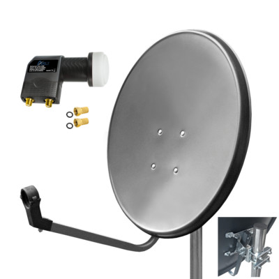 80cm HD Sat Anlage Digital Twin LNB 2 Teilnehmer Schüssel Antenne Spiegel Grau