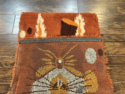 Rya Shag Rug 2x4, Rabbit in Top Hat, Wool, Orange, Vintage 1960s