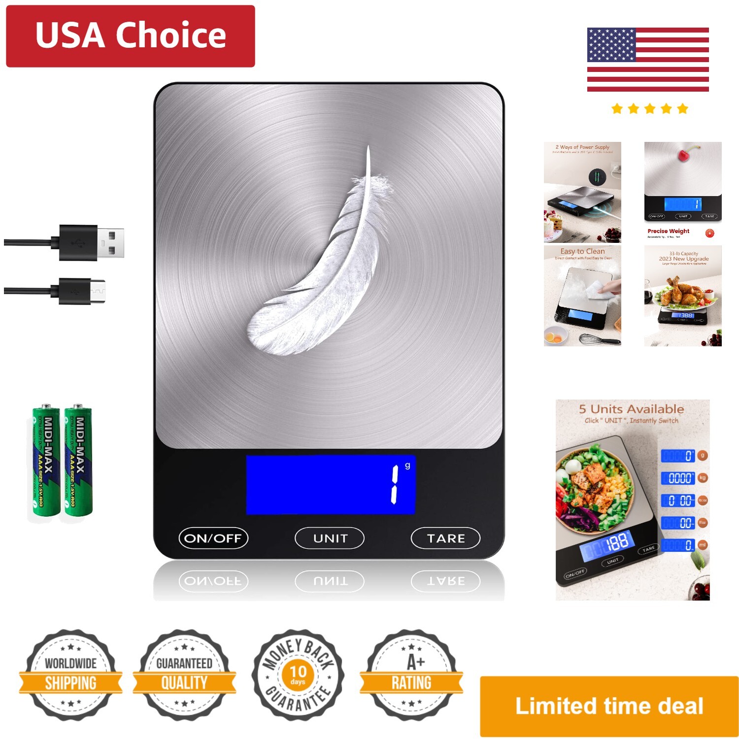 Food Scale -33lb Digital Kitchen Scale for Food Ounces Grams Rechargeable 304...-image