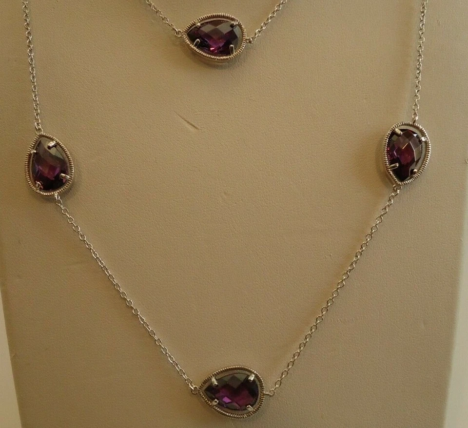 COLLAR LARGO EN FORMA DE PERA 36"" CON PIEDRAS PRECIOSAS DE LABORATORIO DE AMATISTA/PLATA DE LEY 925 Foto 4 de 4