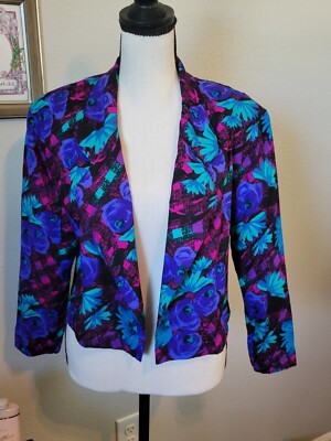 80s/90s Bolero Jacket, Purple/Teal/Pink Floral, Long Sleeve, Size M