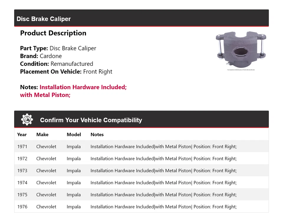 Pinza de freno de disco delantera derecha Cardone 1972 1973 para Chevrolet Impala 1971-1976 Foto 2 de 4