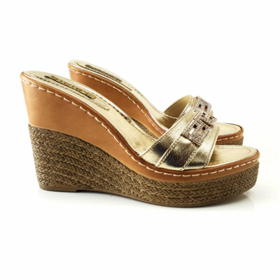 Zeppe da donna oro in pelle artigianali con strass alla greca