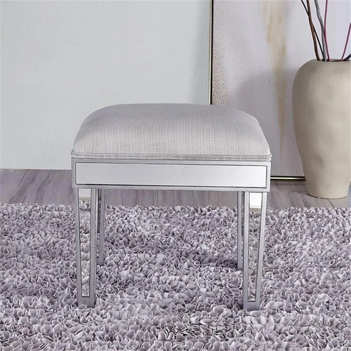 Elegant Decor Reflexion 18" Mirrored Fabric Vanity Stool in Beige and Silver - Picture 7 of 10
