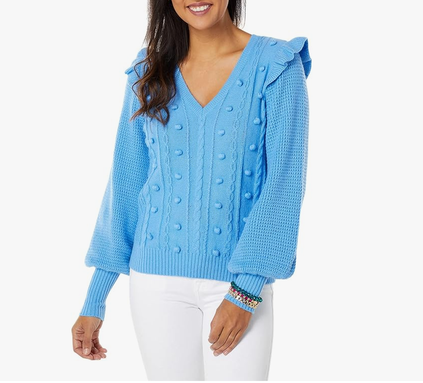 LILLY PULITZER GRETA CABLE KNIT POM POM RUFFLE BLUE SWEATER SMALL