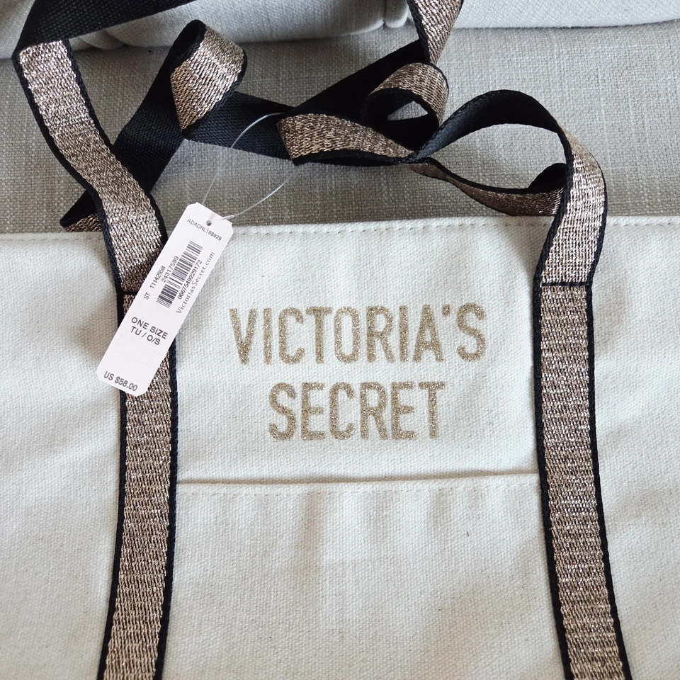 VICTORIA'S SECRET GOLD SPARKLE ZIPPER WEEKENDER CANVAS TOTE TRAVEL GYM BAG NWT - Image 2 of 4