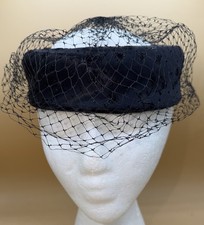 Vtg Embellished Black Satin Hat Fascinator with Netting  Velvet Bow