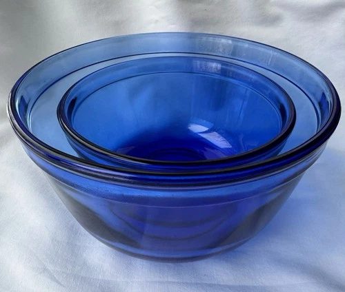 VTG Anchor Hocking Cobalt Blue Set Of 2 Mixing Bowls 2.5 Qt & 1 Qt