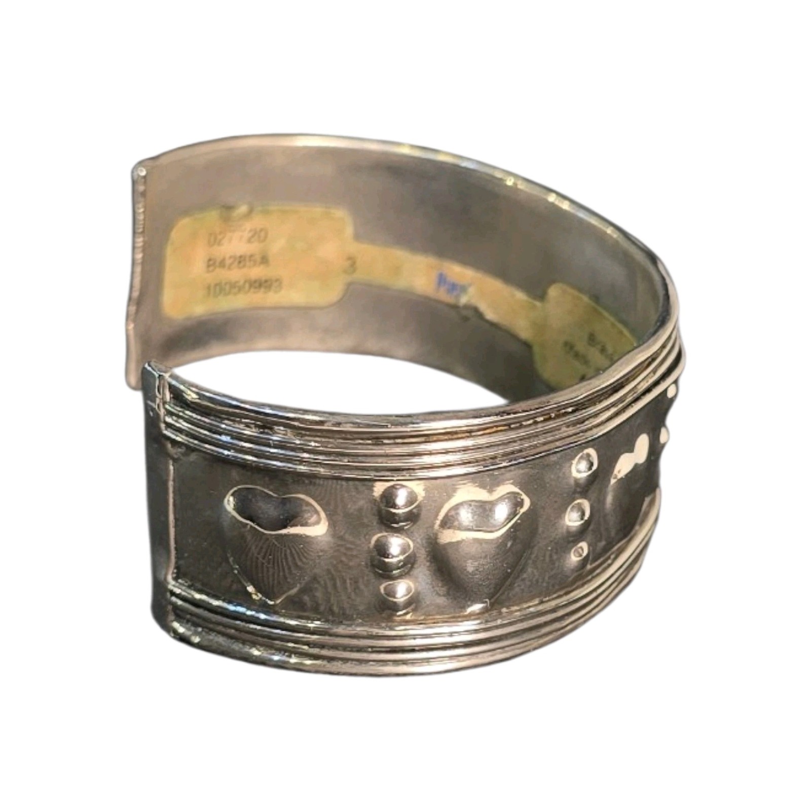 Embossed Heart Pattern Cuff Bracelet Silver Tone … - image 3
