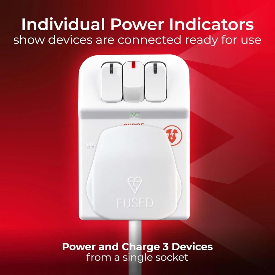 Masterplug 3-Socket Surge Protected Adaptor with Individual Switches UK Plug - Image 4 of 4