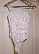 Leche Beige And Ivory PokaDot Vintage Styled Spaghetti Strap Bodysuit Size Small