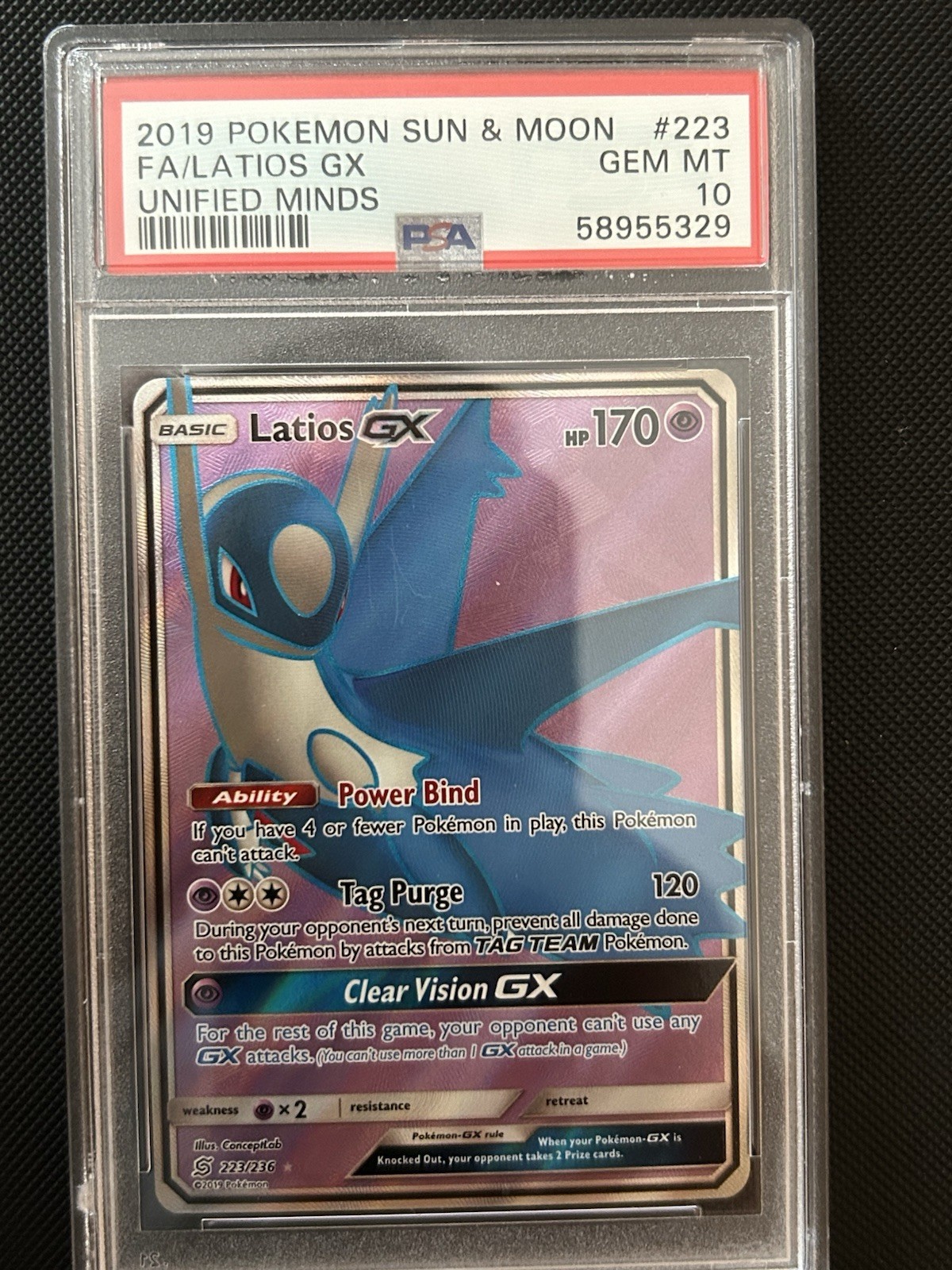 Latios GX (Full Art) - Unified Minds 223/236 Graded Pokemon Card PSA 10 GEM MINT