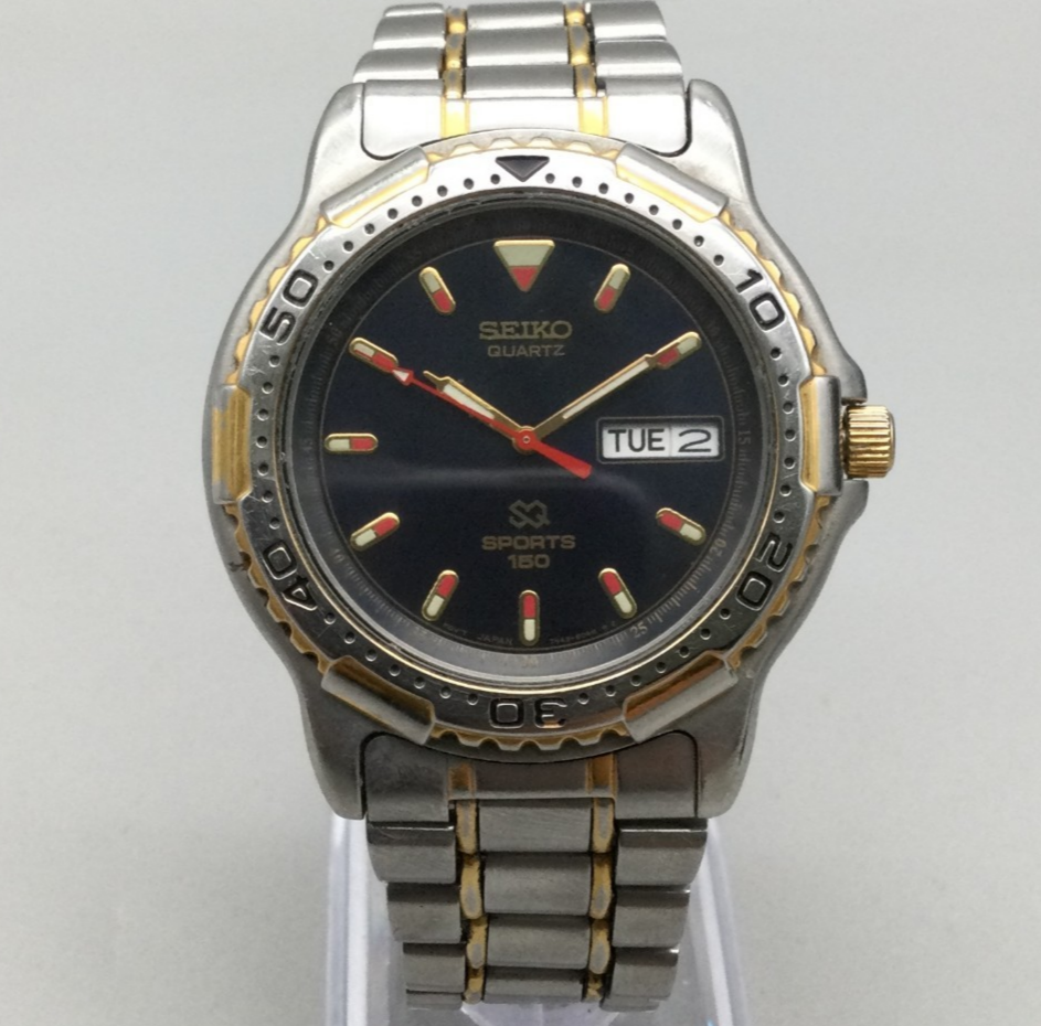 Seiko SQ Sports 150 Watch Men 41mm Silver Tone Day Date 7N43-6021