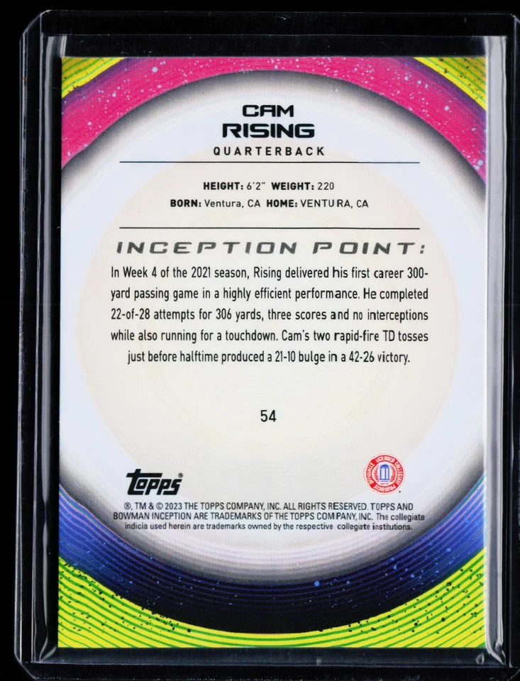 2022-23 Bowman University Inception Cam Rising 54 #/199 Aqua Foil V1 - Image 2 of 2
