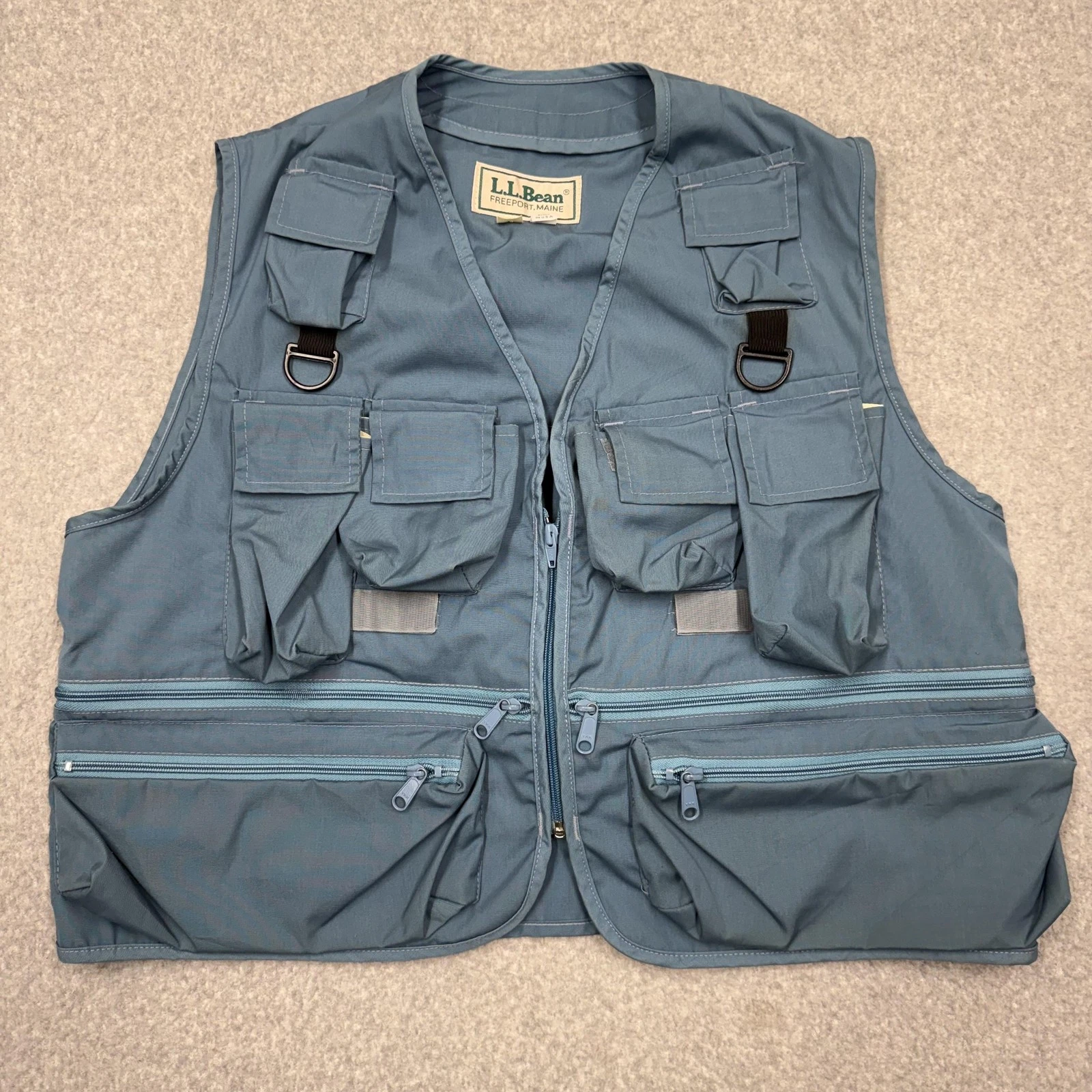 Vintage L.L. Bean Vest Mens Large Blue Utility Fishing Photo Travel Made USA 80s