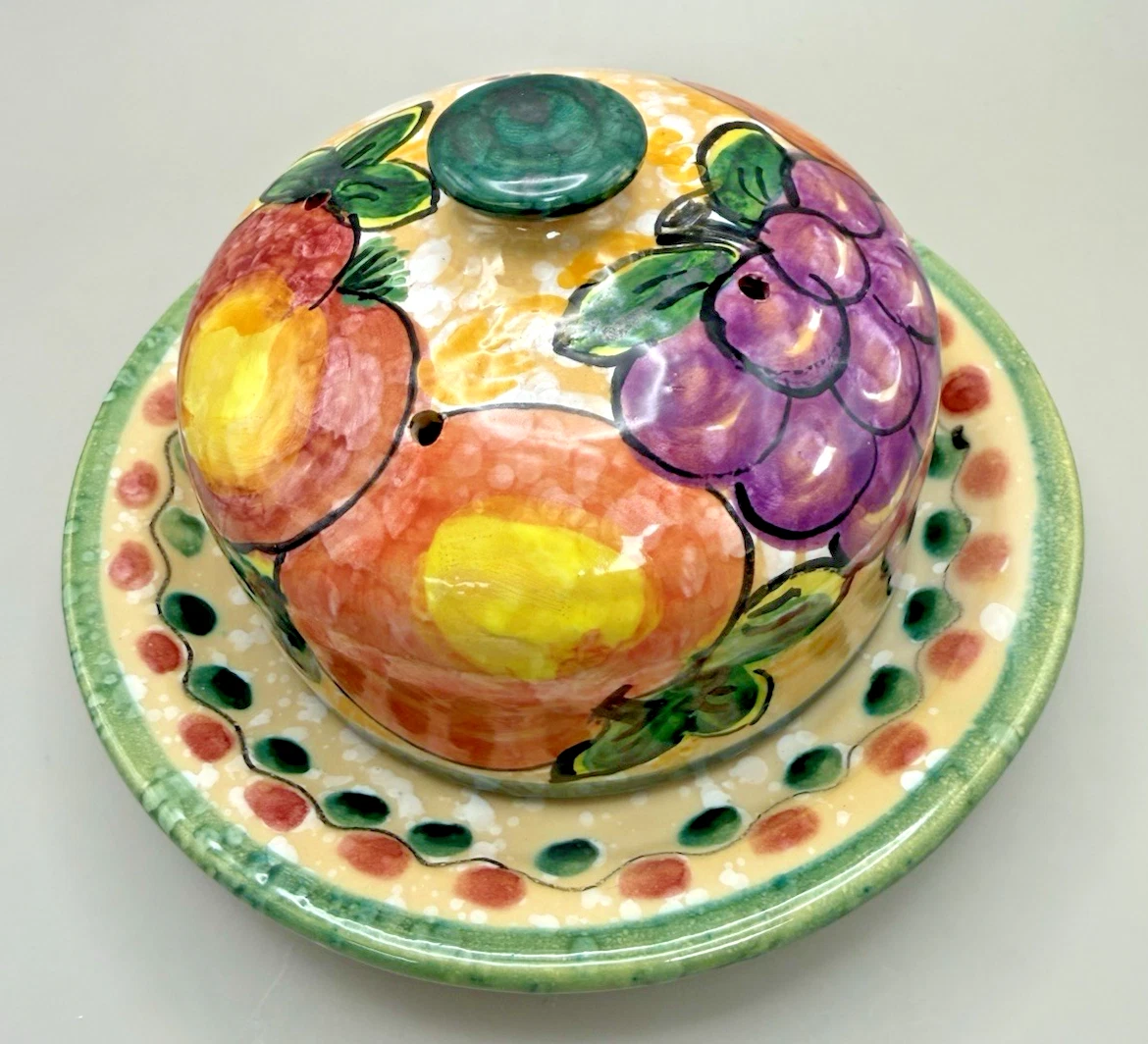 Hand painted Mallorca Pottery Butter or Cheese Dish Dome , Fruit Design Spain