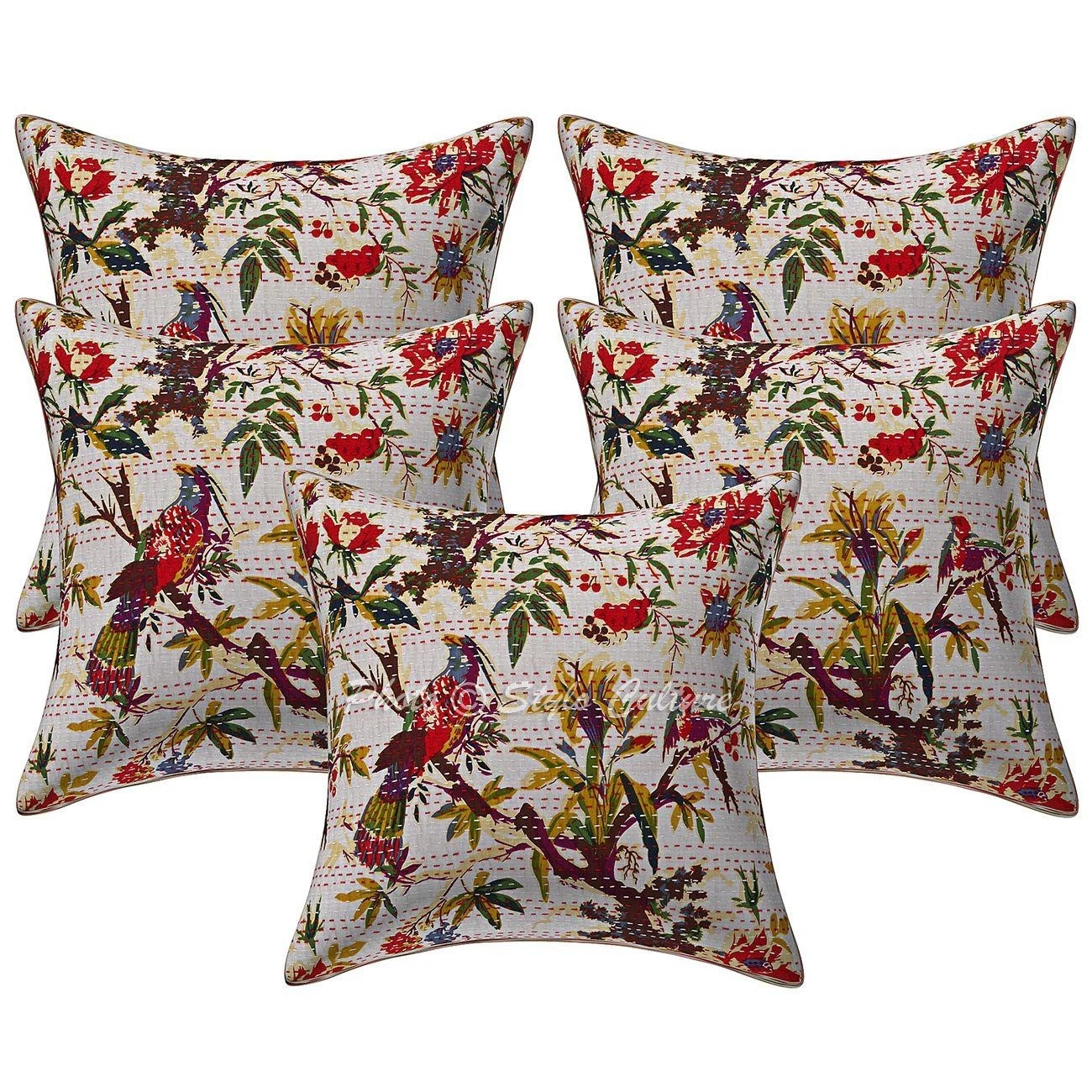 Boho Cotton Throw Pillow Covers Kantha White Bird Indian 40x40 cm Cushion Cover
