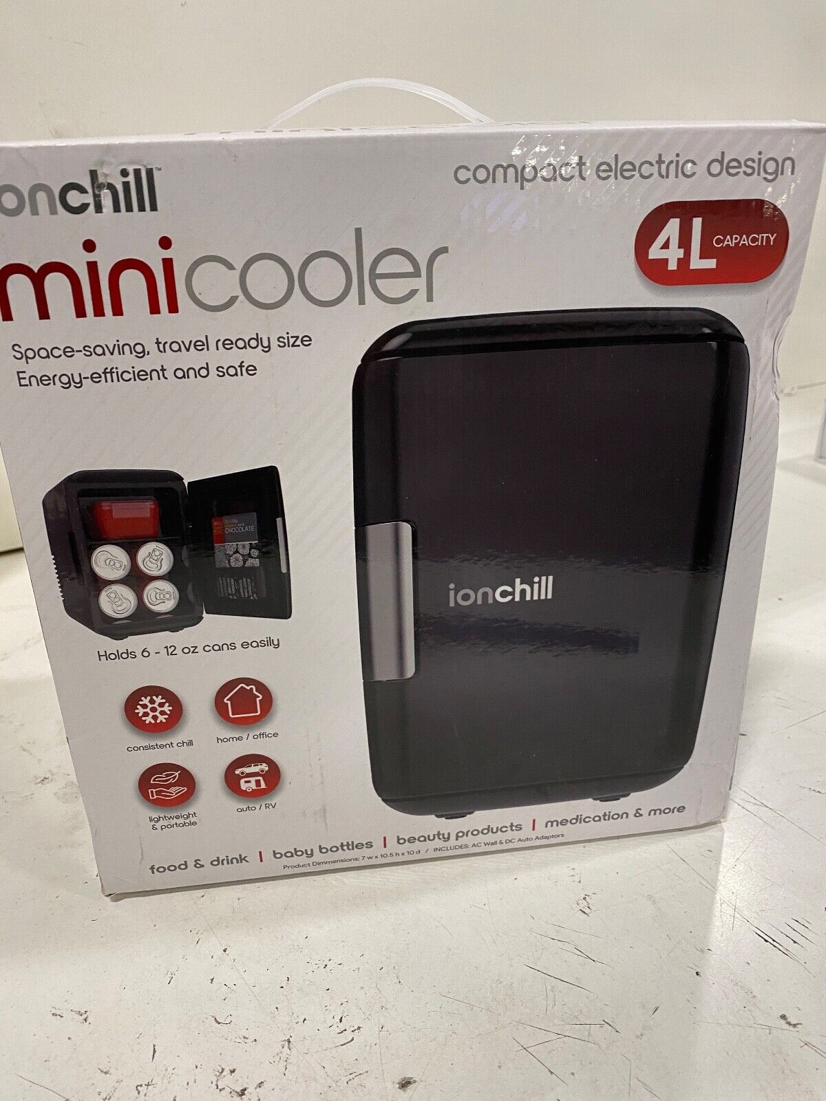 Ion Chill Minicooler Electric Travel Cooler, 4 Liters Black New!