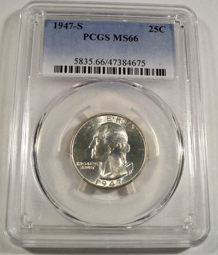 1947-S PCGS MS66 WASHINGTON QUARTER VERY LIGHT GOLD & GRAY TINT 25c SILVER MS 66