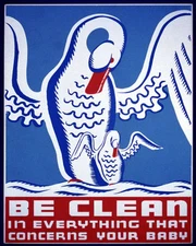 POSTER BE CLEAN WITH YOUR BABY MOTHERHOOD SWAN AND CYGNET VINTAGE REPRO FREE S/H