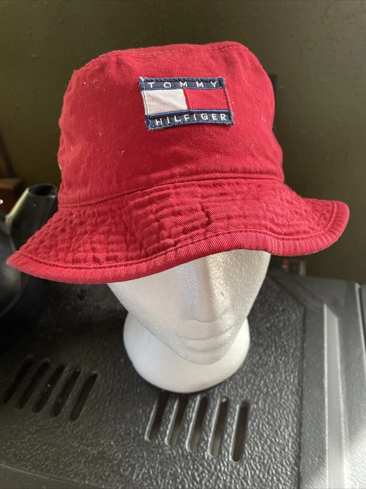 RARE Vintage TOMMY HILFIGER Flag Logo Khaki Reverses to Red Bucket Hat Adult S/M - Image 2 of 4