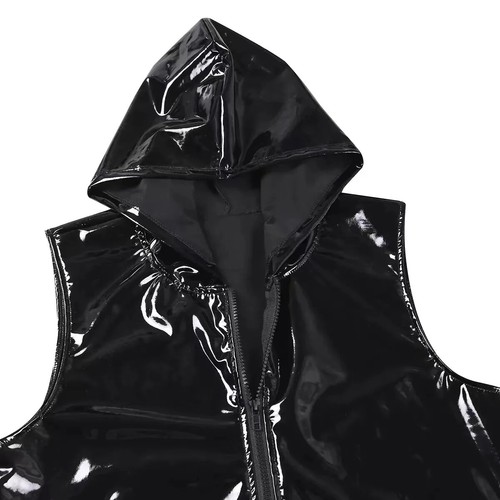 S-7XL Plus Size Mens Shiny PVC Leather Hoodies Shirts Sleeveless Wetlook Latex T - Picture 14 of 17