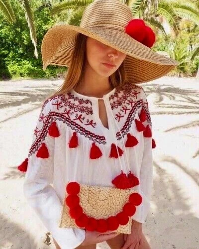 ZARA Tunic Top Medium White & Red Cotton Tasselled Embroidered Indian Boho - Image 4 of 4