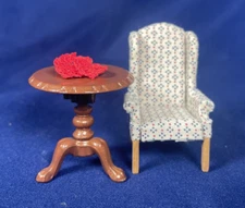 Minature Dollhouse Wing Chair And Metal Swing Down Side Table tiny