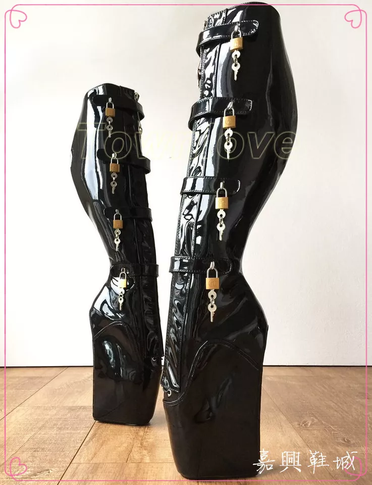 Botas hasta la rodilla bloqueables de charol para mujer con cremallera cuña tacones de ballet zapatos Foto 4 de 4