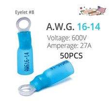 50PCS Blue 16-14AWG Gauge 8 Heat Shrink Ring Terminals Crimp Wire Connectors