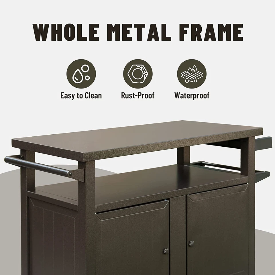 Domi Outdoor Grill Carts w/Wheels,Metal Table and Storage Cabinet for BBQ(Brown) - Image 4 of 4