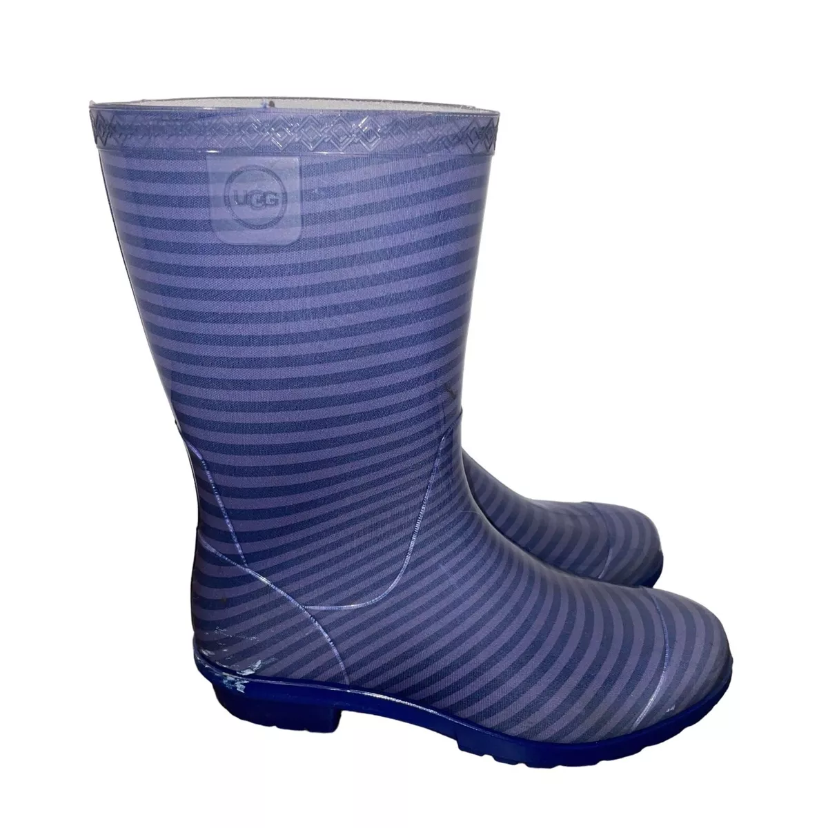 UGG Youth Kids Sz 6 Raana Blue Stripes Mid Shaft Rubber Rain Boots Pull On