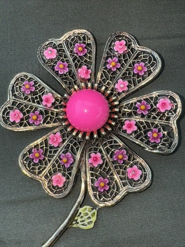 Vtg ART Enamel Flower Pin Brooch Pink Green Filigree Floral Author Pepper - Picture 2 of 6