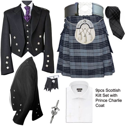 Prince Charlie Coat Kilts Jacket Traditional Scottish Utility Tartan 9pcs Set - Picture 20 of 42