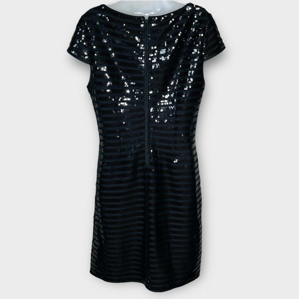 ALI RO Vestido Negro Lentejuelas Rayas Manga Gorra Cóctel Fiesta Talla 10 Foto 3 de 4