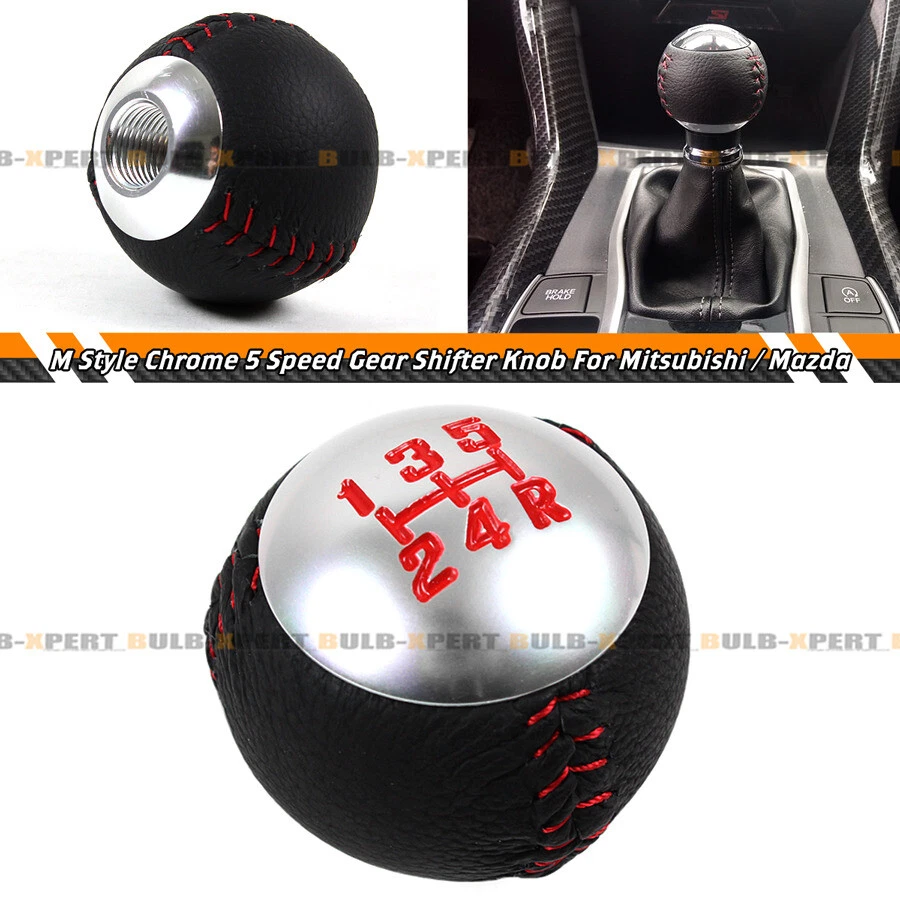 Perilla de cambio de marchas redonda de 5 velocidades cromada de cuero con costuras rojas para Mitsubishi Mazda Foto 2 de 4