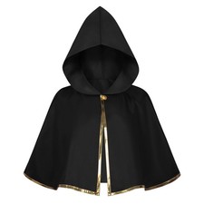 Mens Medieval Cape Hooded Cape Black Gold Trim Short Wizard Cloak Halloween Cape