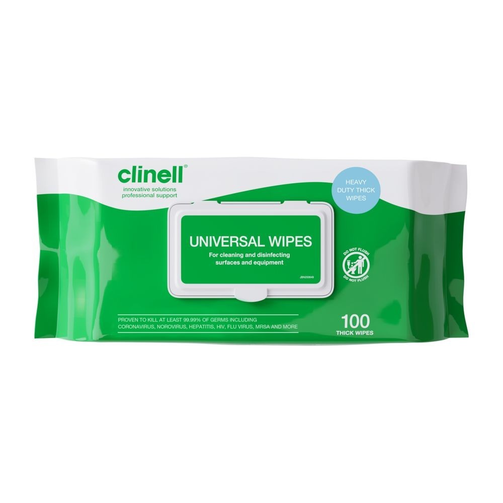 Clinell Universal Sanitising Wipes Flowrap Pack of 100 Antibacterial Wet Wipes