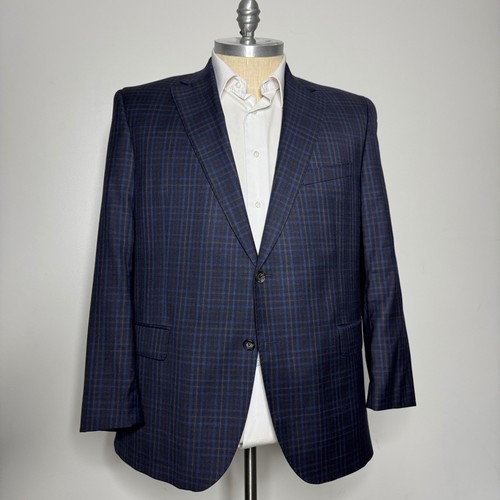 Cremieux Karo Blazer Sport Mantel Zwei Knopf Blau Braun Gr. 46R Ing Loro Piana