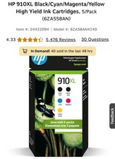 NEW HP 910XL Black Cyan Magenta Yellow 5 PACK 6ZA58AN Ink Cartridges Exp 04/26