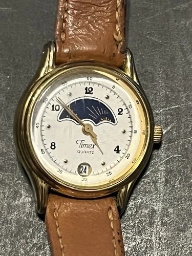 Vintage Timex Women’s Moon Phase Brown Leather Band Quartz New Battery 3/2026