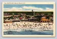 Vintage Myrtle Beach SC The Pavilion Linen Postcard with Umbrellas