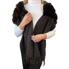 GUCCI Vintage GG Monogram Lapin Fur Scarf Wrap Shawl Cashmere Brown Fringe