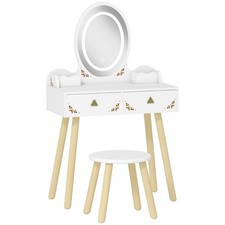 AIYAPLAY Kids Vanity Table & Chair Set with LED Mirror, Storage, White Pine