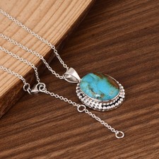 Artisan Turquoise Silver Pendant Beaded Border Statement Necklace Bohemian Gift