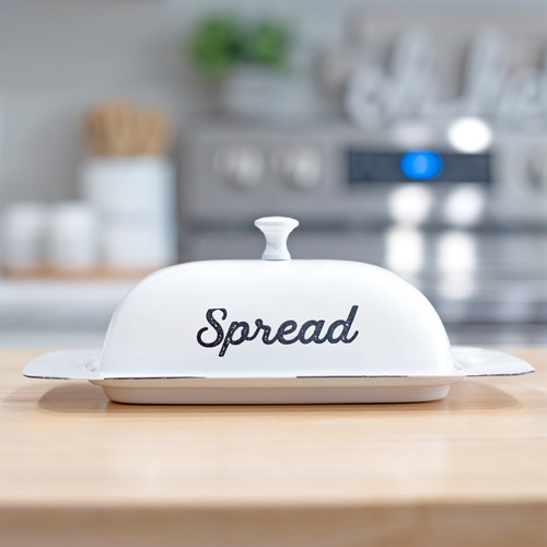 White Enamelware Large Butter Dish with Lid; Large Modern Farmhouse Style - Picture 5 of 10