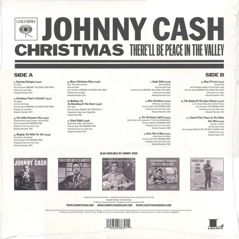 GREEN VINYL---- JOHNNY CASH CHRISTMAS There'll Be Peace in the Valley LP 1211 - Image 3 of 3