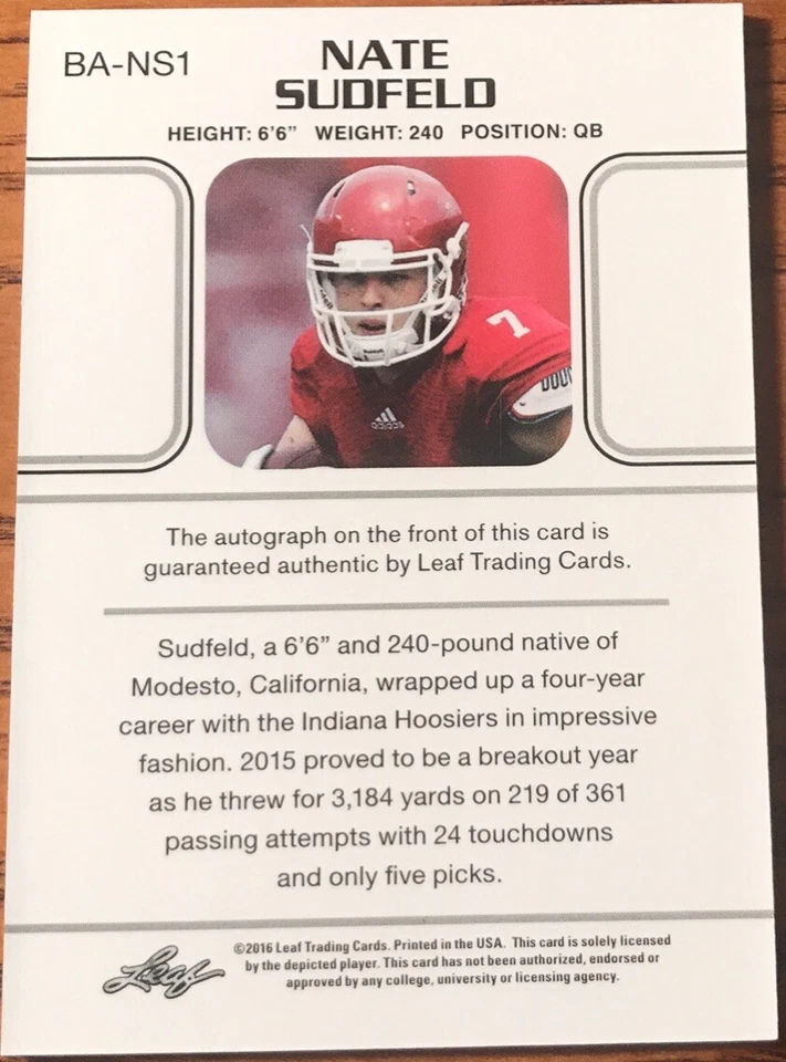 2016 Leaf Ultimate Draft Autograph Nate Sudfeld #BA-NS1 Indiana Hoosiers - Image 2 of 2